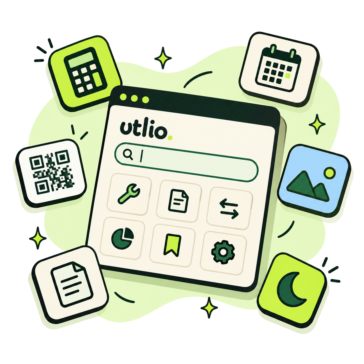 Ilustrasi kalkulator, kalender, foto, QR Code, dan dokumen di sekitar kumpulan tools Utlio